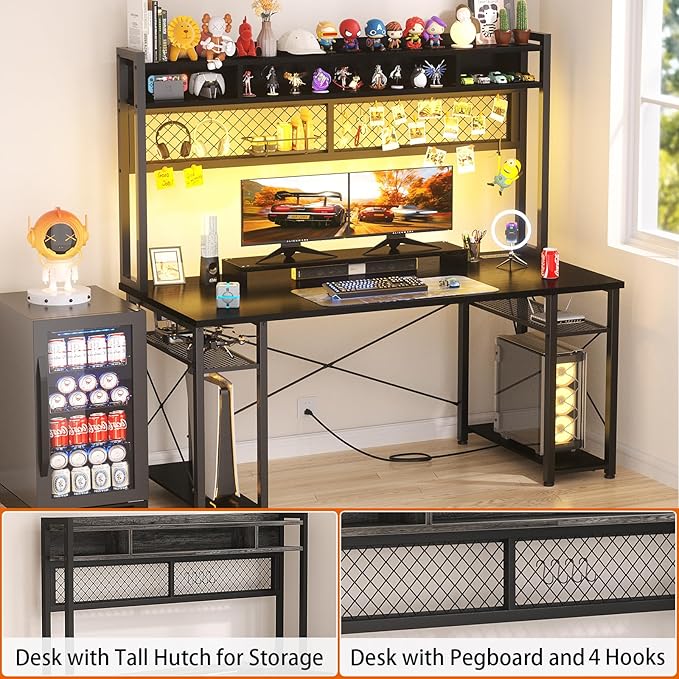 armocity 2024 Upgrade Gaming Desk with Hutch, 55.2'' Magic Computer Desk with LED Lights and Outlets, Reversible Workstation Desk with Pegboard and Monitor Stand, Gamer Desk PC Table, Black