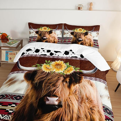 HOSIMA Highland Cow Decor Comforter with 2 Pillowcases,Animal Theme Western Bedding Sets,Brown Cowhide Black White Cow Print Comforter Set for Adults Kids,Sunflower King Size Comforter.