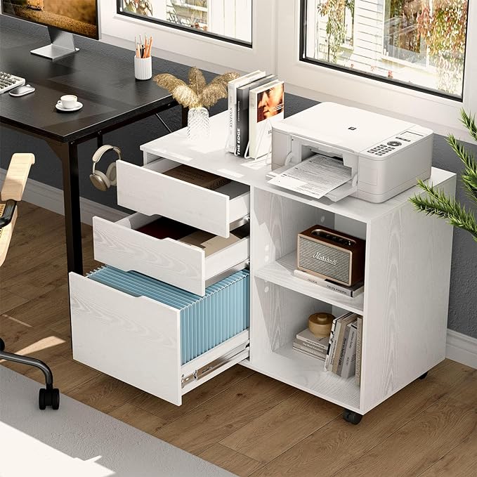 Sweetcrispy 3-Drawer File Cabinet, Lateral Mobile Filing Cabinet Wood Under Desk Storage Organizer with Wheels, Printer Stand & Open Shelves for Home Office Organization - White