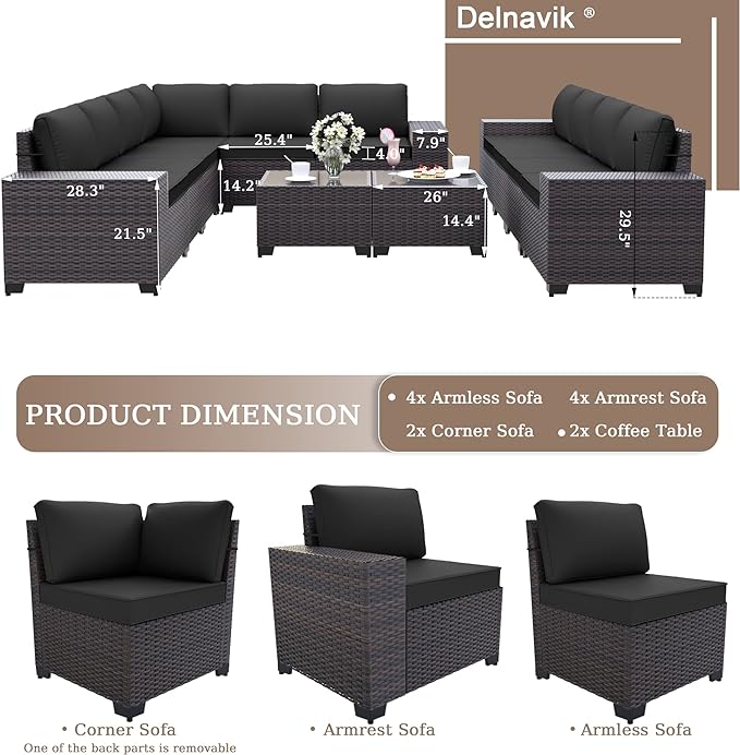 12PCS Patio Furniture Set Sofa Wicker Sectional Sofa Set, Outdoor Furniture Rattan Patio Conversation Set with Cushions and Glass Coffee Table, Black
