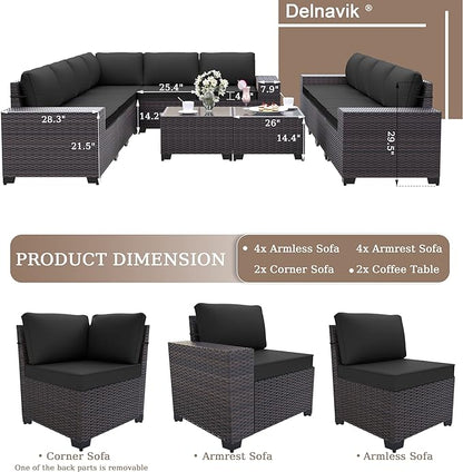 12PCS Patio Furniture Set Sofa Wicker Sectional Sofa Set, Outdoor Furniture Rattan Patio Conversation Set with Cushions and Glass Coffee Table, Black