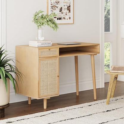 Nathan James Jacklyn Modern Home Office Writing Desk and Mina Rattan Wood End Side Accent Table Nightstand, Natural Brown and Oak/Black