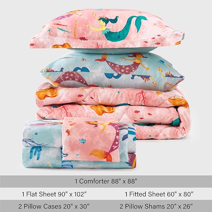 Twin Size Mermaid Kids Bedding Set for Girls, 7 Pieces Super Soft Lightweight Microfiber Comforter Set with Sheets, Bed in a Bag, Durable Children Bed Set