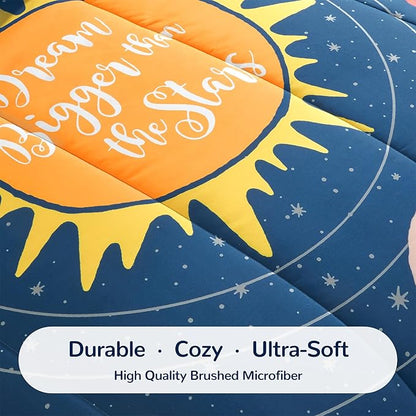SLEEP ZONE Kids 7-Piece Soft Lightweight Bed in a Bag for Boys, Include Comforter, Flat Sheet, Fitted Sheet, Pillow sham, Pillowcase, Down Alternative Comforter Set(Solar System, Full/Queen)