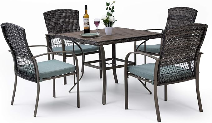 Pamapic 5 Piece Patio Dining Set, Green, Weather Resistant PE Rattan Table and Chairs, Comfortable Cushions, Easy Maintenance
