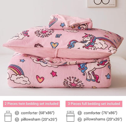 Mooreeke Glow in The Dark Twin Plush Fleece Comforter Bed Set, Soft & Warm 2 Piece Bed in A Bag with Sham, Velour Velvet Pink Unicorn Girls Kids Bedding Set, Fluffy Fuzzy Polar Cozy and Stylish