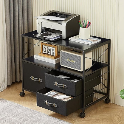 VECELO Fabric Lateral Filing Cabinet Rolling Printer Fits Letter Size, 3 Drawers Mobile Stand with Open Storage Shelf,for Home Office,Vintage Black