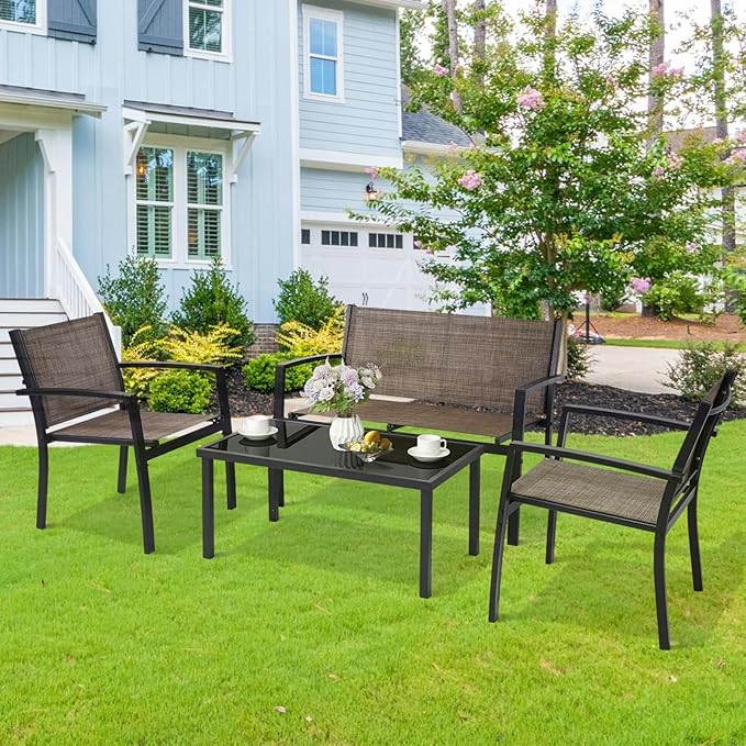 4 Pieces Patio Furniture Set Outdoor Garden Patio Conversation Sets Poolside Lawn Chairs with Tempered Glass Coffee Table Loveseat Porch Furniture Textilene Fabric Yellow