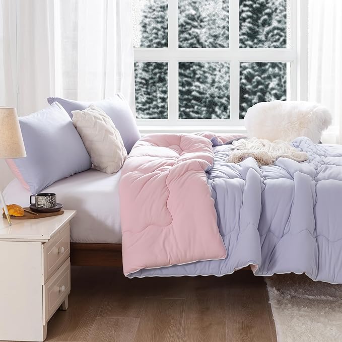 COTTEBED Reversible Ultra-Soft Warm King Size Comforter Set, California Cal King Down Comforter Cozy Fully Breathable Bedding 1 Down Alternative Quilt and 2 Pillowsham Winter Pink and Purple