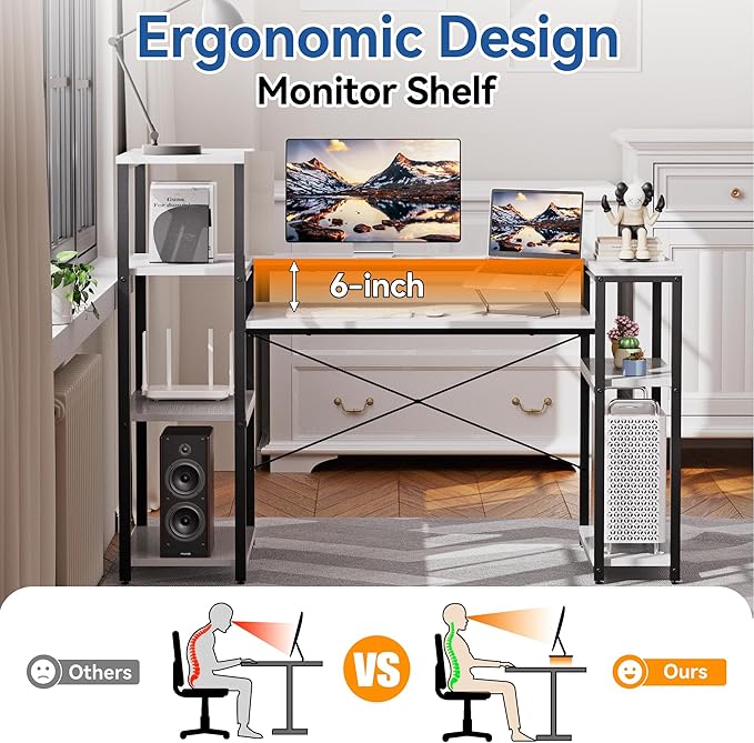 63-Inch Computer Desk with Printer Shelf, Teen Desk, Home Office Desk with Monitor Stand and Bookshelf for Study, Writing, PC Work, Gaming
