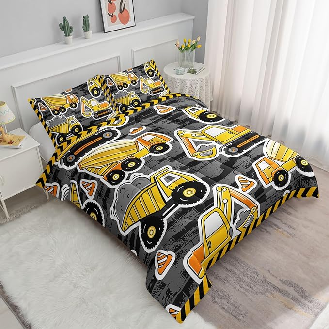 Datura home Kids Construction Truck Comforter Set for Boys Kids,Excavators Truck Machinery Vehicles Tractor Printed Bedding Set with 1 Comforter and 2 Pillowcases(Truck Yellow Queen)90x90in