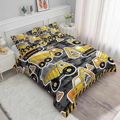 Datura home Kids Construction Truck Comforter Set for Boys Kids,Excavators Truck Machinery Vehicles Tractor Printed Bedding Set with 1 Comforter and 2 Pillowcases(Truck Yellow Queen)90x90in