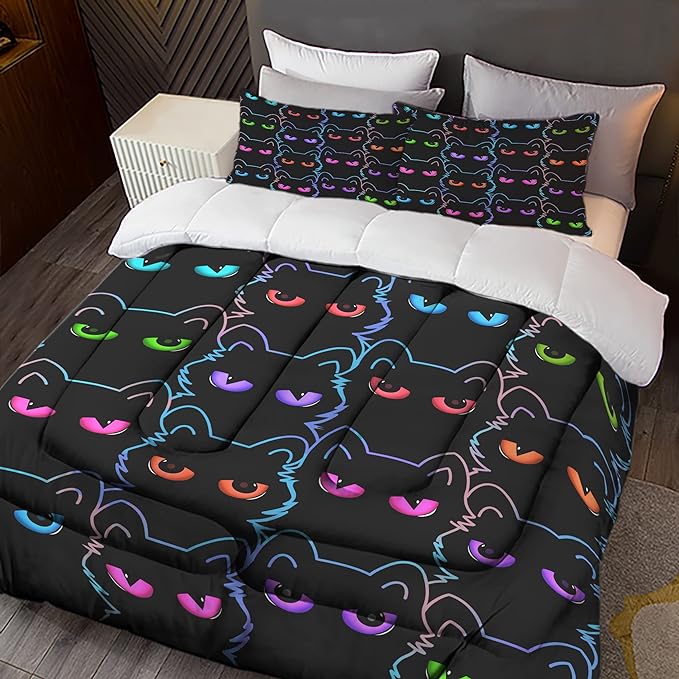 Sunnycitron Cartoon Cat Bedding Full size Black Cat Comforter Gradient Line Bedding set 3D Neon Cat Comforter Cute Cat Bed Set Black Cat Quilt set for Teens Kids Boys Girls Adults