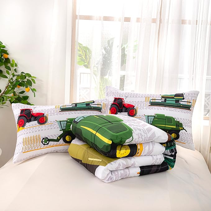 CVHOUSE Tractor Bedding Sets for Boys,Excavators Comforter Full,Boys Cartoon Truck Comforter Set,Trucks Tractors Cars Quilt Set with 1 Comforter and 2 Pillow Cases- 3 Piece