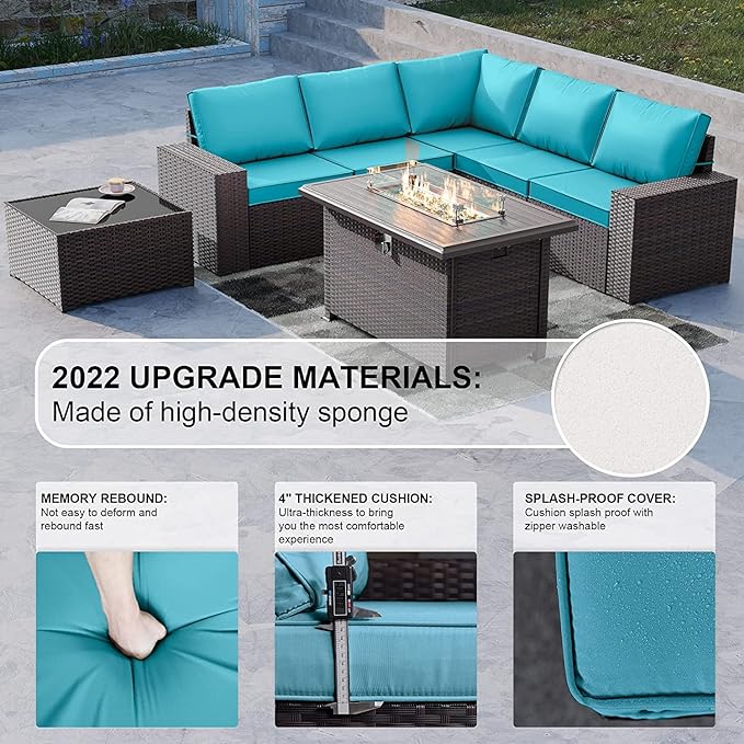 Kullavik 7 Pieces Outdoor Patio Furniture Set with 43" 55000BTU Gas Propane Fire Pit Table PE Wicker Rattan Sectional Sofa Patio Conversation Sets,Green Blue