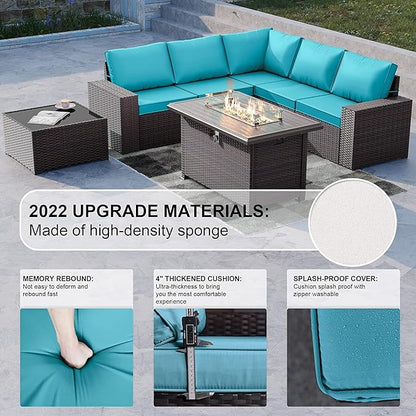 Kullavik 7 Pieces Outdoor Patio Furniture Set with 43" 55000BTU Gas Propane Fire Pit Table PE Wicker Rattan Sectional Sofa Patio Conversation Sets,Green Blue