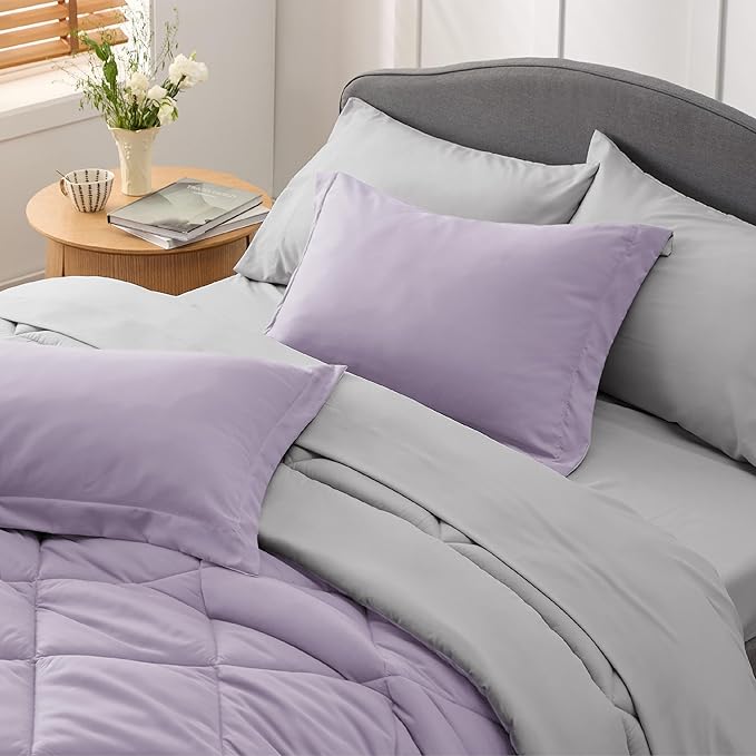 Bedsure Light Purple King Size Comforter Set - 7 Pieces Reversible King Bed in a Bag, King Bed Set Light Purple and Grey with Comforters, Sheets, Pillowcases & Shams