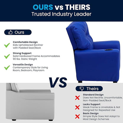 Flash Furniture Chandler Vinyl Kids Recliner with Cup Holder and Safety Recline, Contemporary Reclining Chair for Kids, Supports up to 90 lbs., Blue