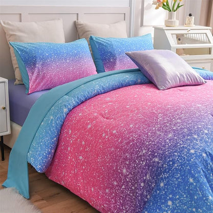 A Nice Night 6Pcs Gradient Glitter Bedding Set for Girls Twin Size, Colorful Rainbow Galaxy Comforter Set, Ultra Soft Bedding Sets, Blue