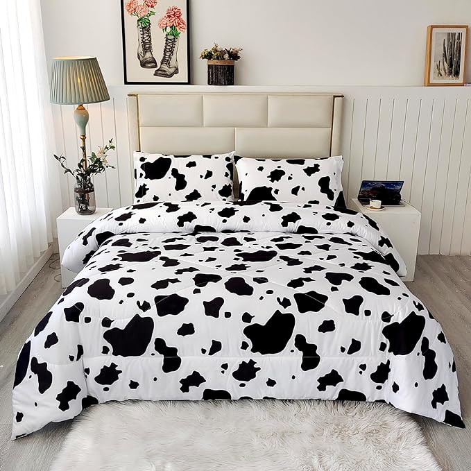 SDY 3 Pieces Milk Cow Print Stuff Bedding Comforter Set with 2 Pillowcases for Kids Teens Girls Women, Microfiber, Easy Wash, Light Breathable Cozy White Base Cute Milk Cow Pattern, Twin Size