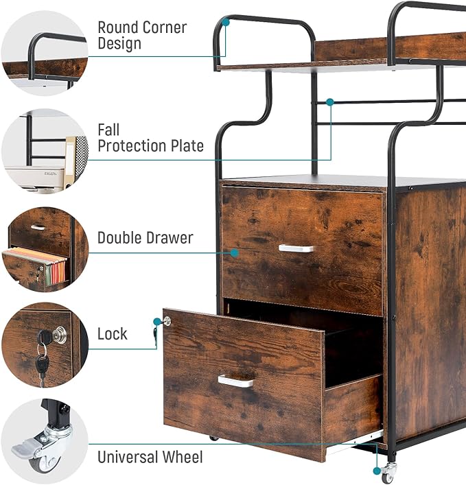 Vertical File Cabinet, 2 Drawer Mobile Filing Cabinet with 1 Bookshelf, Printer Stand with Open Storage Shelves Fits A4/Letter/Legal Size File Cabinets for Home Office Organizer, Brown