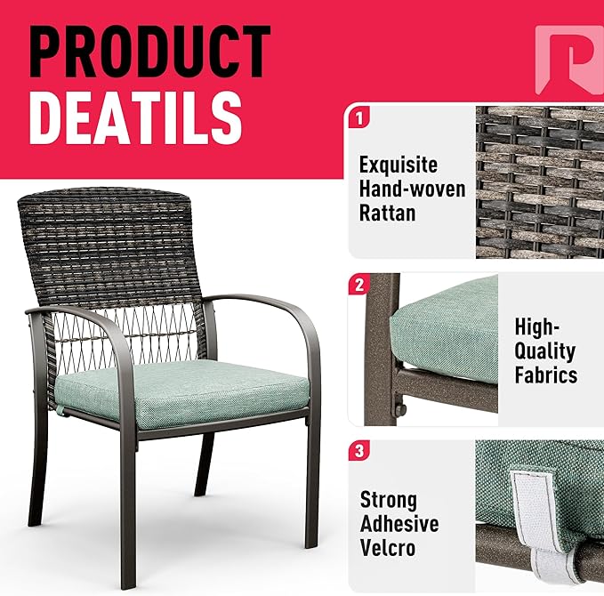 Pamapic 7 Piece Outdoor Dining Set, Rattan Outdoor Patio Furniture Set for Backyard with Iron Outdoor Dining Table, 4 Swivel Deck Chairs, 2 Wicker Chairs and Removable Cushions (Green)