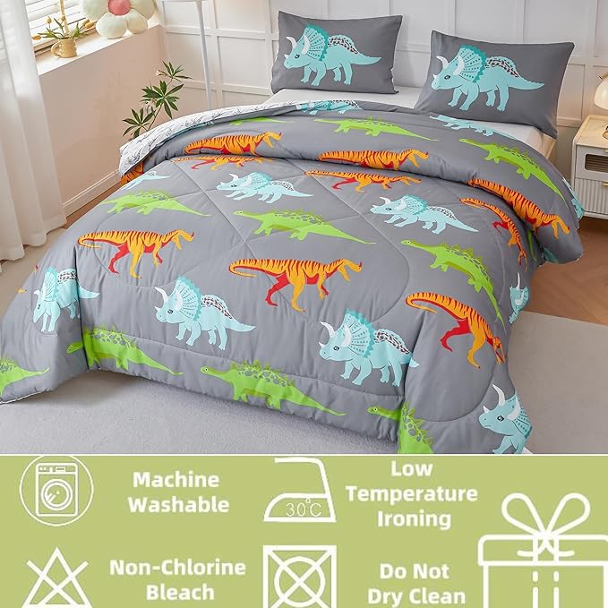 RYNGHIPY Dinosaur Kids Comforter Set Cartoon Dinosaur Bedding Sets for Boys 3 Pieces Queen Microfiber Comforter with Pillowcases Soft Lightweight (Dark Grey,Queen)
