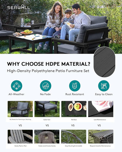 SERWALL HDPE Patio Coversation Set, 7-piece Outdoor Sectional Sofa Set, All Weather Patio Couch Set Patio Furniture for Balcony, Deck, Black Frame with Grey Cushion
