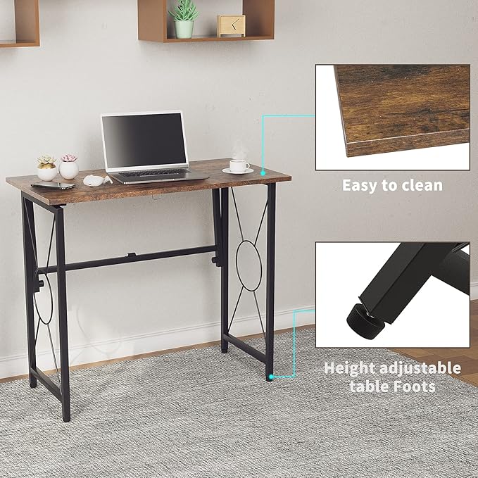 31.5" Computer Desk for Small Place, Foldable Desk Home Office Desk, Black Metal Frame, Modern Industrial Style Study Writing Table, No Assembly Required, Rustic Brown