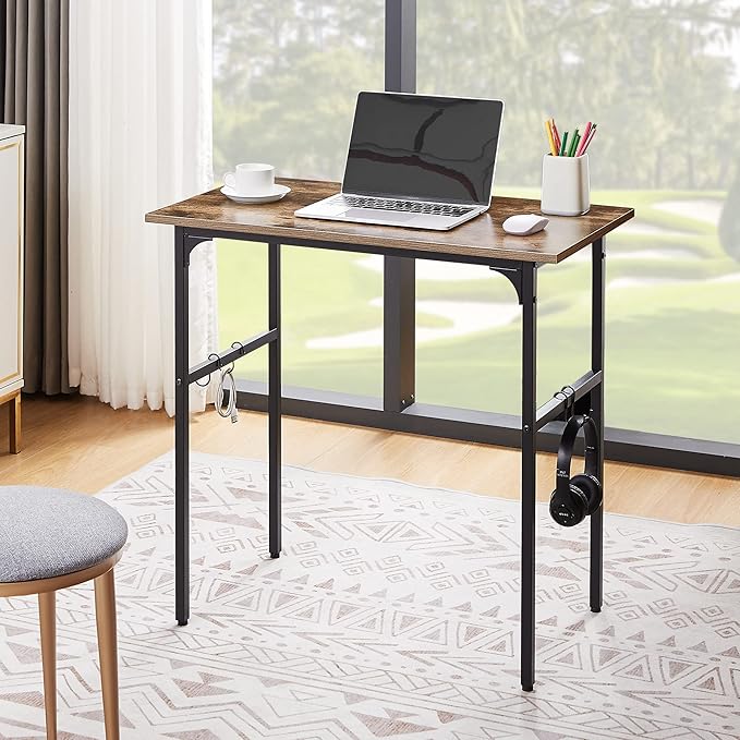 VECELO 32" Computer Writing Desk for Home Office, Study Table Workstation for Small Spaces with 4 Hooks & Adjustable Legs, Metal Frame,Brown, 32Inches