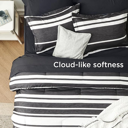Bedsure Bed in a Bag Queen 7 Pieces, Black White Striped Bedding Comforter Sets All Season Bed Set, 2 Pillow Shams, Flat Sheet, Fitted Sheet and 2 Pillowcases