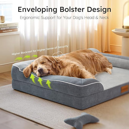 Jumbo Orthopedic Dog Bed for Extra Large Dogs With Cooling Gel Memory Foam, Waterproof Removable Washable Cover, 45" Sofa Couch Dutch Velvet With Bone Toy, Dark Gray