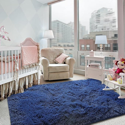 Super Soft Fluffy Shaggy Rugs for Living Room Bedroom, Fuzzy Plush Area Rugs for Girls Kids Room Nursery Home Decor, Furry Dorm Rug Cute Non-Slip Indoor Floor Carpet 5x8 Feet, Navy Blue