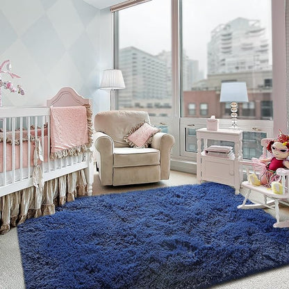 Super Soft Fluffy Shaggy Rugs for Living Room Bedroom, Fuzzy Plush Area Rugs for Girls Kids Room Nursery Home Decor, Furry Dorm Rug Cute Non-Slip Indoor Floor Carpet 4x5.9 Feet, Navy Blue