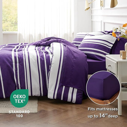 Bedsure Bed in a Bag California King Size 7-Piece Purple White Striped Bedding Comforter Sets All Season Bed Set, 2 Pillow Shams, Flat Sheet, Fitted Sheet and 2 Pillowcases