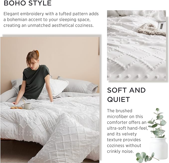 Bedsure California King Comforter Set - White Comforter, Boho Tufted Shabby Chic Bedding Comforter Set, 3 Pieces Farmhouse Bed Set for All Seasons, Fluffy Soft Bedding Set with 2 Pillow Shams