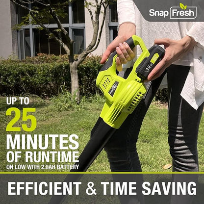 SnapFresh Leaf Blower, 20V Cordless Leaf Blower with 2.0Ah Battery & Fast Charger, 2 Speed Mode, Lightweight Electric Leaf Blower for Lawn Care, Leaf Blower for Patio Yard Sidewalk…