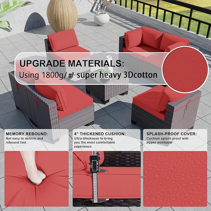 Kullavik 9PCS Outdoor Patio Furniture Set PE Wicker Rattan Sectional Sofa Patio Conversation Sets,Red