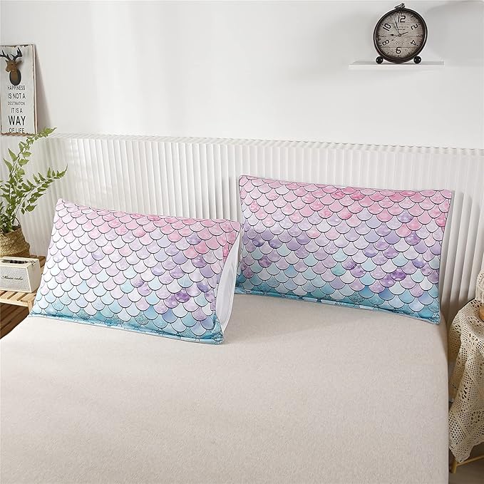 RYNGHIPY 3Pcs Colorful Mermaid Scale Print Comforter Bedding Set Full Size, Soft Microfiber Coverlet Set/Bedspread/Quilt Set with Colorful Scale Design (Mermaid,Full)
