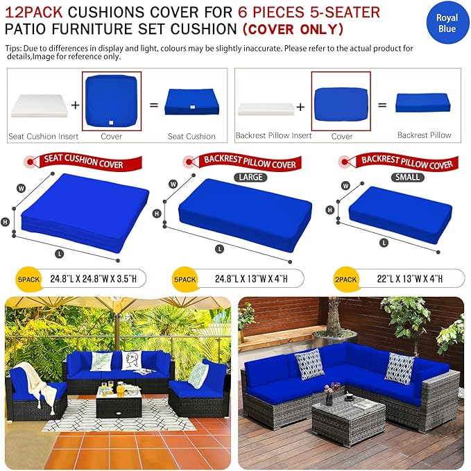 ClawsCover 12 Pack Outdoor Seat and Back Cushions Replacement Covers Fit for 6Pieces 5-Seater Wicker Rattan Patio Furniture Conversation Set Sectional Couch Chairs,Royal Blue-Include Cover Only