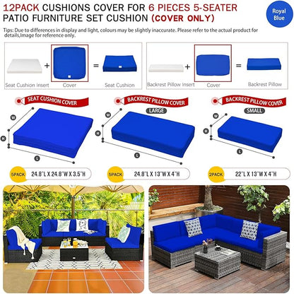 ClawsCover 12 Pack Outdoor Seat and Back Cushions Replacement Covers Fit for 6Pieces 5-Seater Wicker Rattan Patio Furniture Conversation Set Sectional Couch Chairs,Royal Blue-Include Cover Only