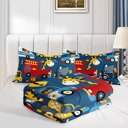 Datura home Kids Cartoon Car Comforter Set for Boys Children,Transportation Car Police Car Kawaii Animals Printed Bedding with 1 and 2 Pillowcases(Cartoon Car Queen), Queen 90x90inches