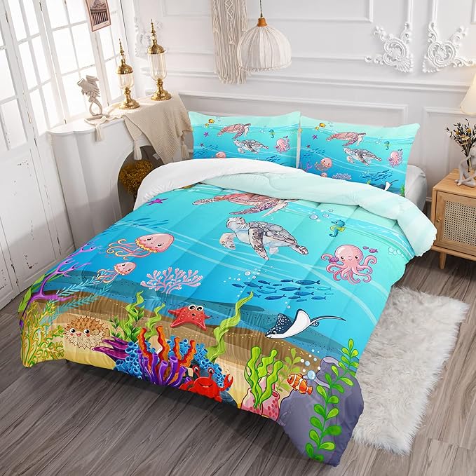 Turtle Comforter Set Full Ocean Watercolor Sea Turtle Bedding Set Tropical Fish Marine Life Bed Set with 2 Pillowcases for Kids Room Decor