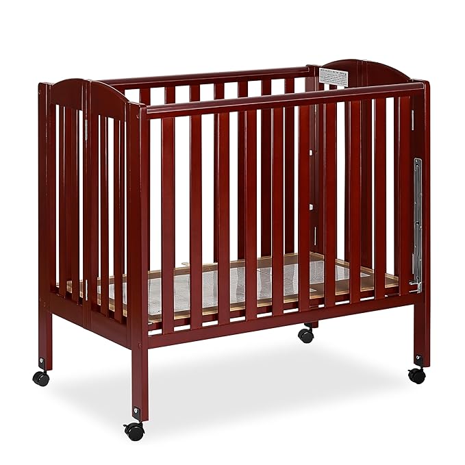 Dream On Me 3 in 1 Portable Folding Stationary Side Crib in Cherry, Greenguard Gold Certified, Safety Wheel with Locking Casters, Convertible, 3 Mattress Heights