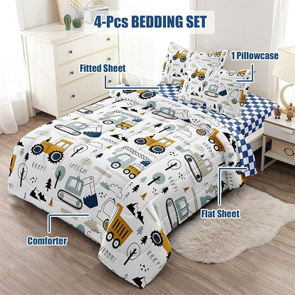 4-Pcs Construction Twin Size Boys Bedding Set, Kids Comforter Set for Teens w/Sheets and Pillowcase, Soft Cartoon Tractor Cars Bed in a Bag Sets