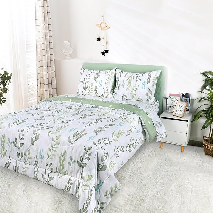 DILIMI Twin Comforter Set for Girls, Reversible 5 Pieces Comforter Twin Size Bed, Green Leaf Ultra Soft Twin Bedding Sets with Comforter, Flat Sheet, Fitted Sheet, 2 Pillowcase
