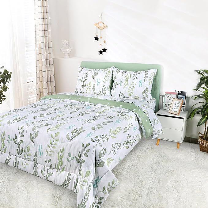 DILIMI Full Size Comforter Set for Girls, 5 Pieces Reversible Comforter Full Size, Ultra Soft Green Leaf Full Size Bed Comforter Sets with Sheet, Comforter, Flat Sheet, 2 Pillowcase