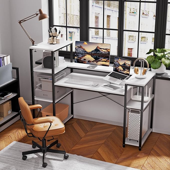 63-Inch Computer Desk with Printer Shelf, Teen Desk, Home Office Desk with Monitor Stand and Bookshelf for Study, Writing, PC Work, Gaming