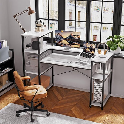 63-Inch Computer Desk with Printer Shelf, Teen Desk, Home Office Desk with Monitor Stand and Bookshelf for Study, Writing, PC Work, Gaming