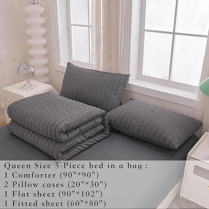 Grey Queen Size Comforter Sets for Boys Men Boho Dark Grey Seersucker Bedding Set 5 Pieces-Microfiber Lightweight All Season Comforter Set for Bedding(90x90In Comforter)